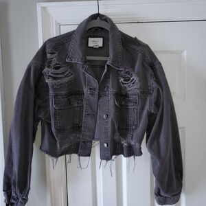 Forever 21 Distressed Dark Gray Crop Denim Jacket